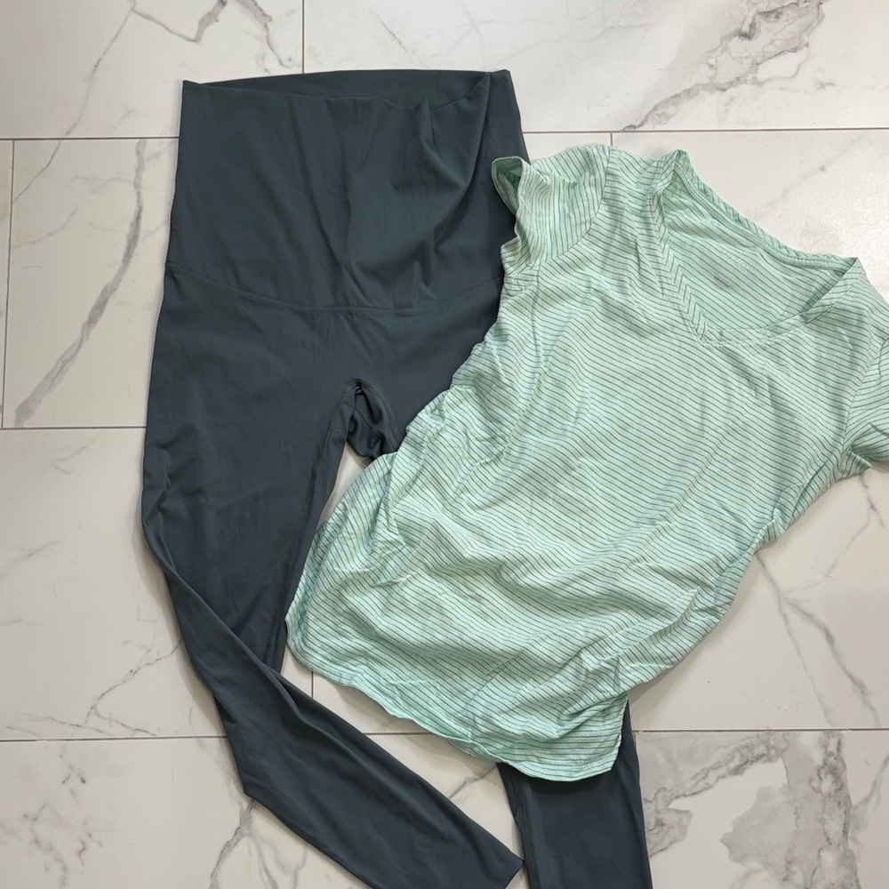 Maternity Striped Mint Green Top and Blue Gray Leggings Set